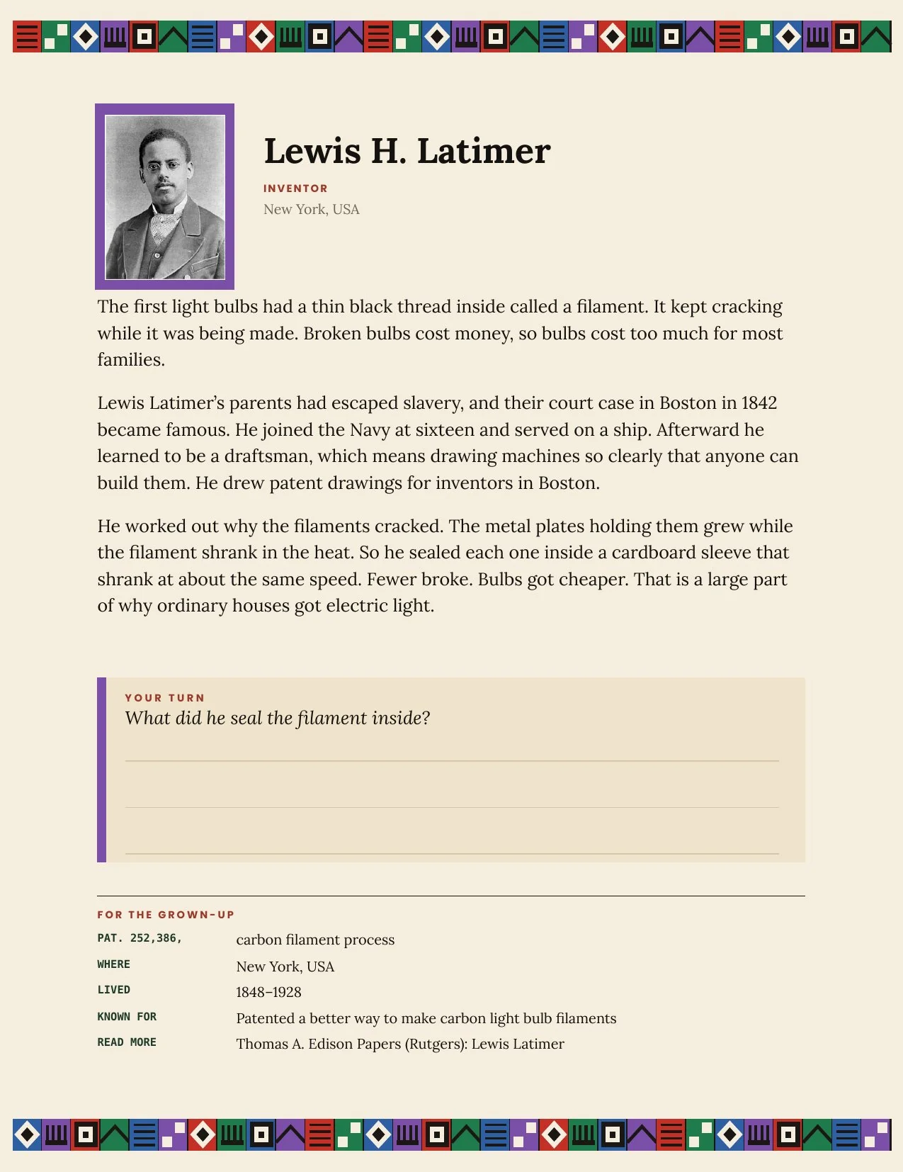 A page from the book: Lewis Latimer, with his patent number printed on the page