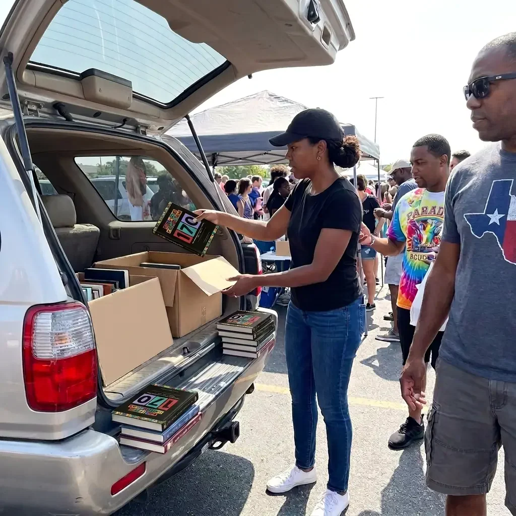 Open car trunk full of books at a parade