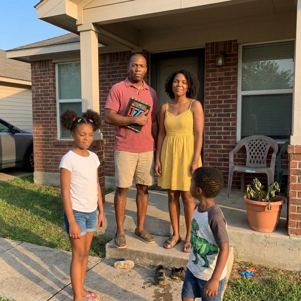 The whole family on the front porch, holding the book
