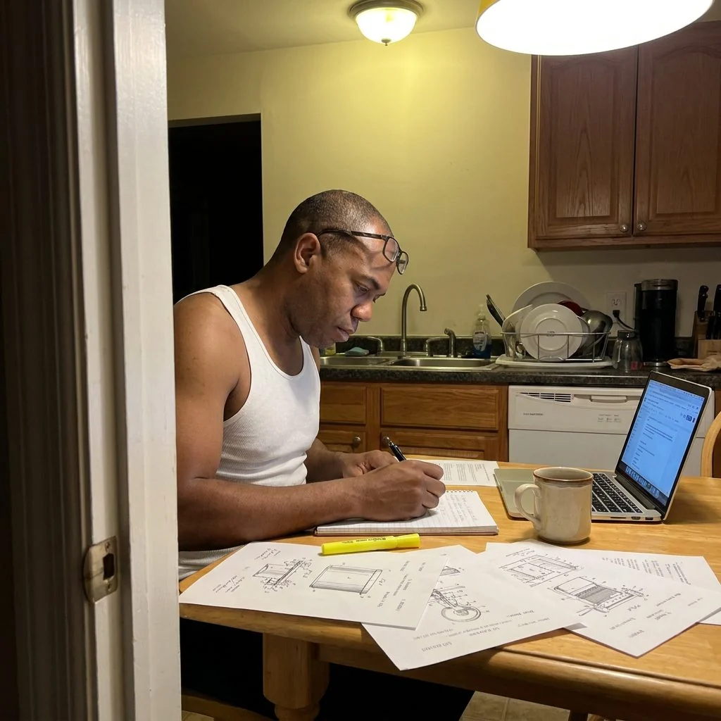Marcus at the kitchen table with patent printouts and a notebook