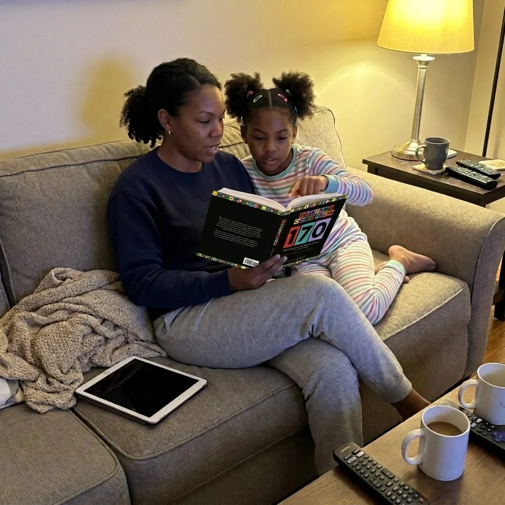 Denise reading a page out loud with a child next to her