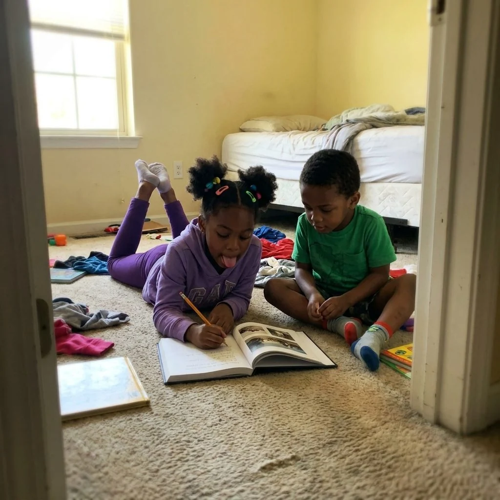 The kids on the floor, book open, one of them writing in a Your Turn box