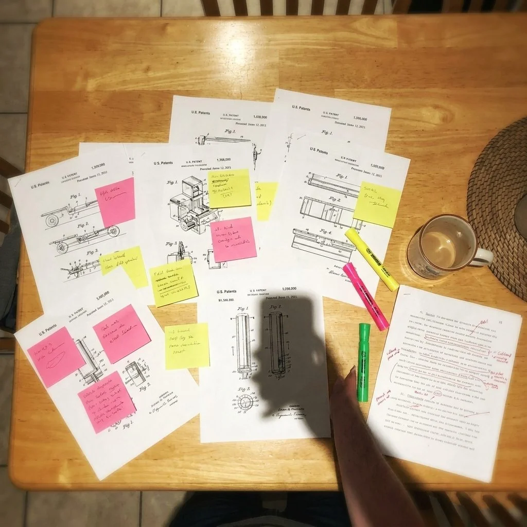Overhead shot: printed patent documents, highlighters, sticky notes, coffee, and an open draft